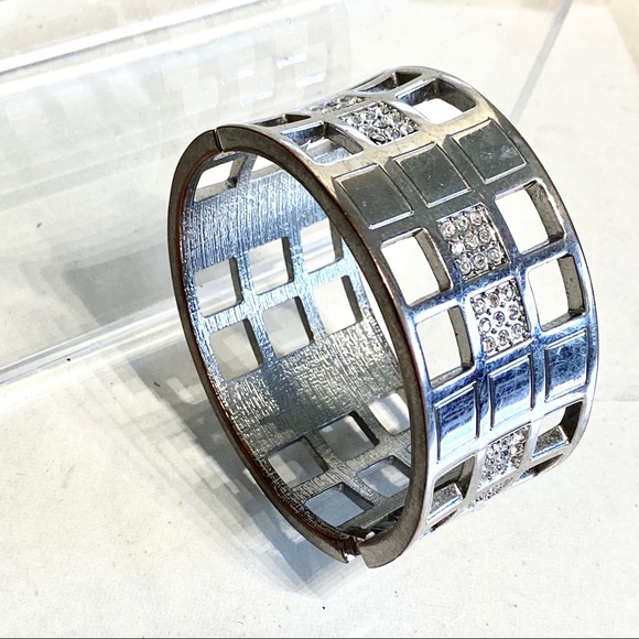 Silver Geometric Cuff Bangle Pave Bracelet - Picture 2 of 8